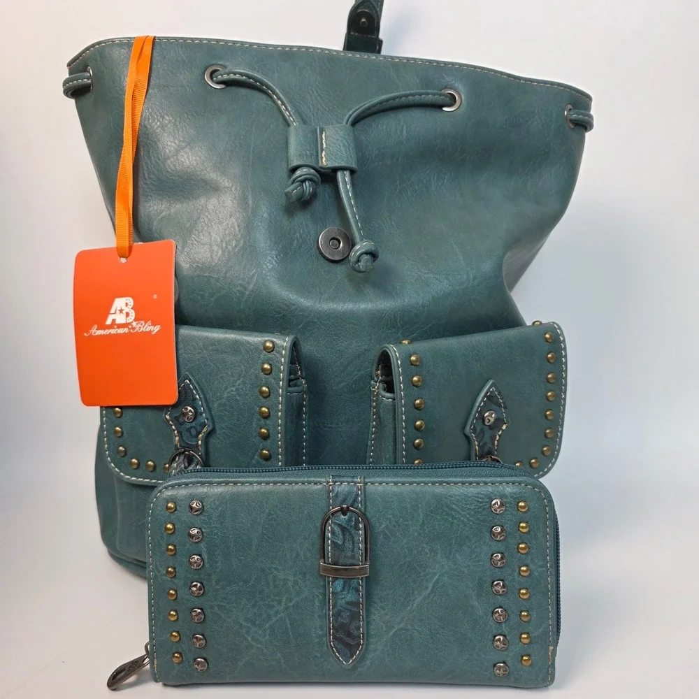 American‎ Bling Teal Blue Western Studded Backpack and Wallet 2 Piece Set NEW